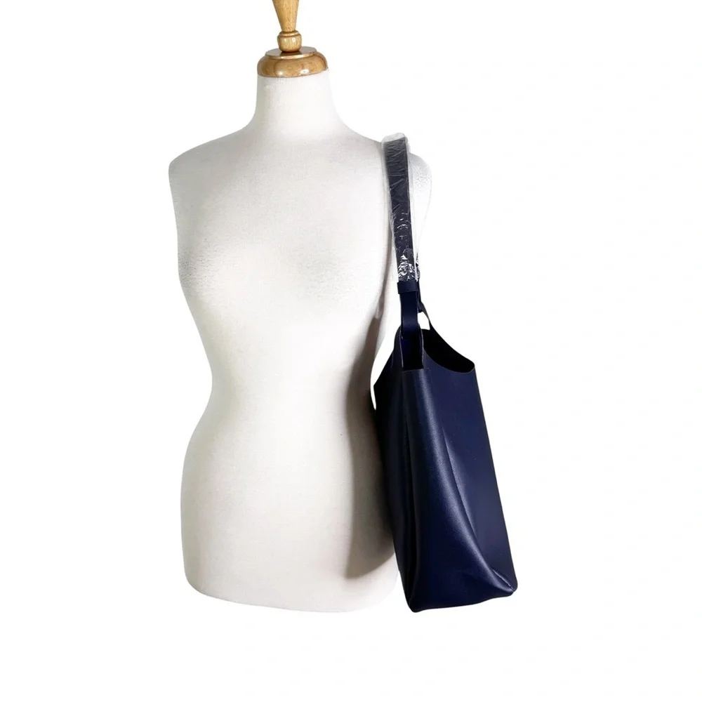 NEW Neiman Marcus Vegan Faux Leather Large Tote Bag Blue